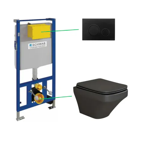 Set vas wc rimless suspendat negru mat Foglia Bristol cu rezervor incastrat Schwab si clapeta de actionare negru mat, Schwab Vela