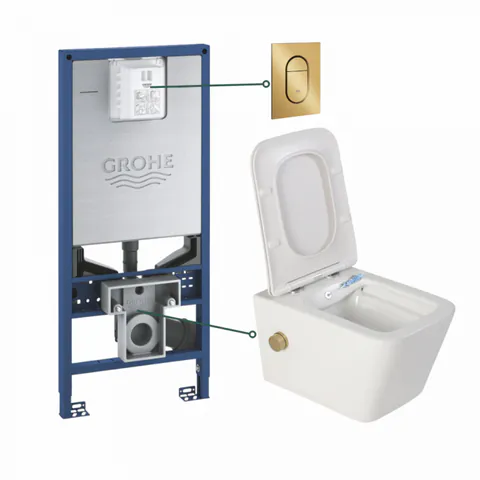 Set vas wc suspendat cu functie bideu alb si baterie inclusa auriu mat Foglia Safari, rezervor wc incastrat si clapeta auriu periat, Grohe