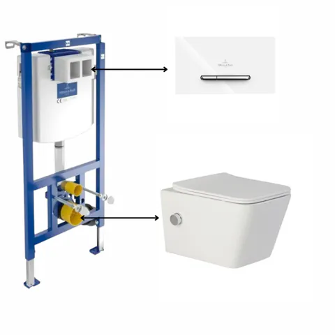 Set vas wc suspendat cu functie bideu, dreptunghiular, baterie crom Foglia Safari cu rezervor incastrat si clapeta de actionare dual-flush, alba cu 2 butoane cromate ViConnect, Villeroy Boch