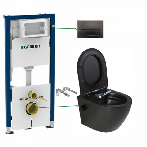Set vas wc suspendat cu functie bideu si baterie inclusa Foglia Oslo, rezervor wc incastrat si clapeta negru lucios Geberit Duofix