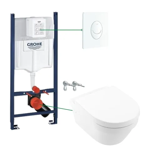 Set vas wc suspendat rimless cu capac VilleroyBoch, Architectura plus rezervor incastrat si clapeta alba Skate Air Grohe