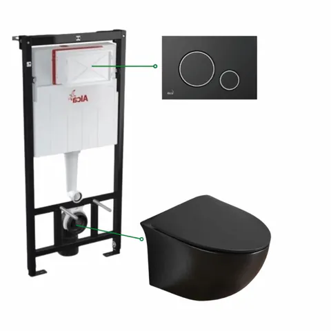 Set vas wc suspendat, rimless negru mat, Foglia Alice si rezervor incastrat cu clapeta de actionare neagra cu detalii argintii Alcadrain