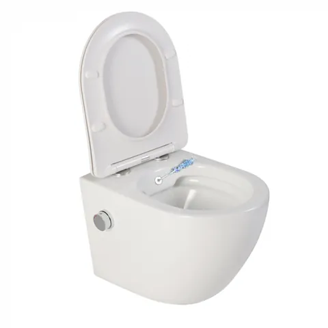 Vas wc suspendat cu functie bideu, semirotund, rimless, apa calda rece, capac soft close, baterie crom Foglia Oslo