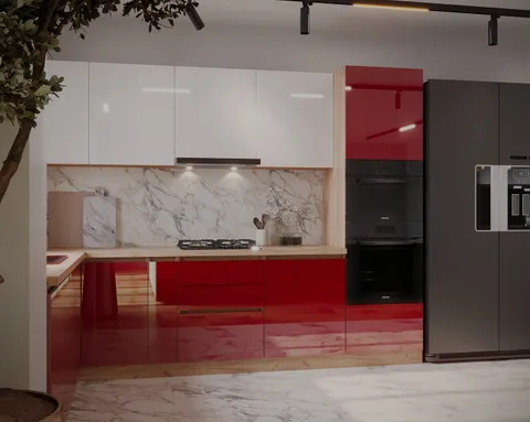 Bucatarie Chelsea Colt V2 Alb Rosu Stejar K003 221 300x60x200 cm