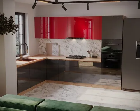 Bucatarie Chelsea Colt V2 Rosu Antracit Stejar K003 221 300x60x200 cm