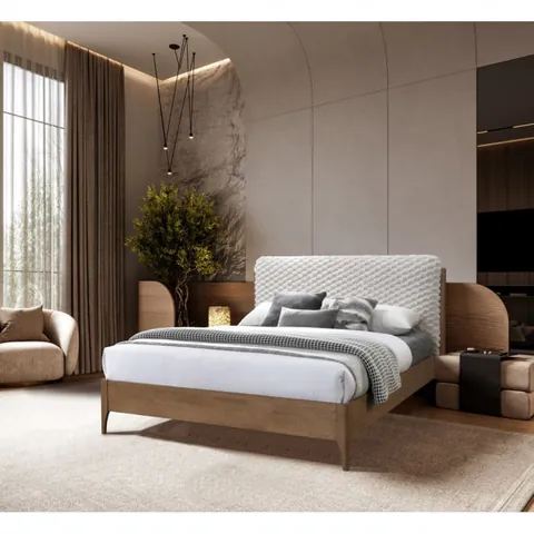 Pat tapitat din lemn masiv Barcelona cu somiera fixa Bej 140x200 cm