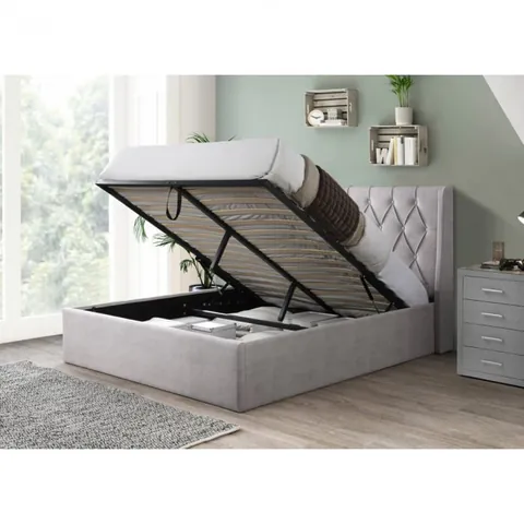 Pat tapitat Prestige 1 cu somiera metalica rabatabila si spatiu de depozitare Crem 180x200 cm