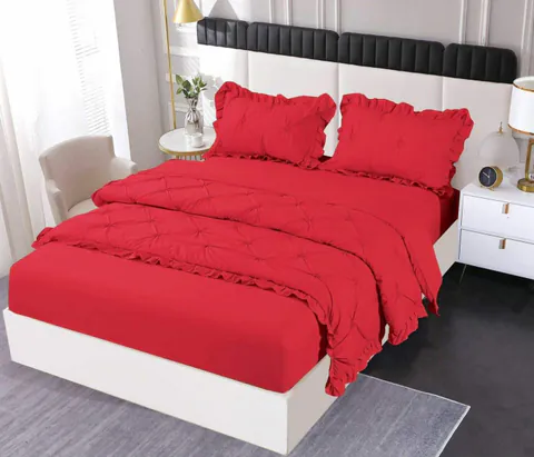 Set Lenjerie Pat Dublu, 4 Piese, Finet, cu Elastic, Pliuri si Volanase