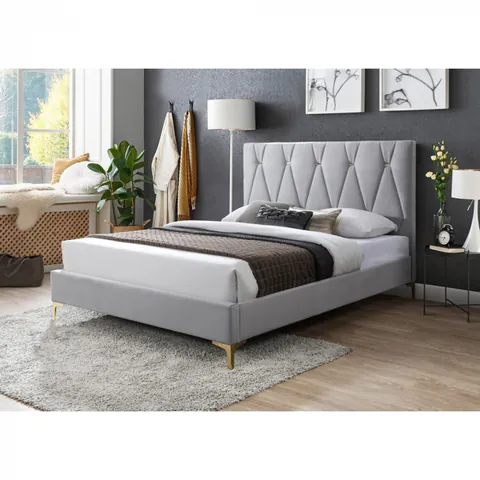 Pat tapitat Mervine cadru din lemn cu somiera fixa Gri 160x200 cm