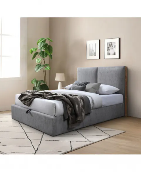 Pat Tapitat Nordic Cu Somiera Metalica Rabatabila Si Spatiu De Depozitare Culoare Gri 160x200 cm