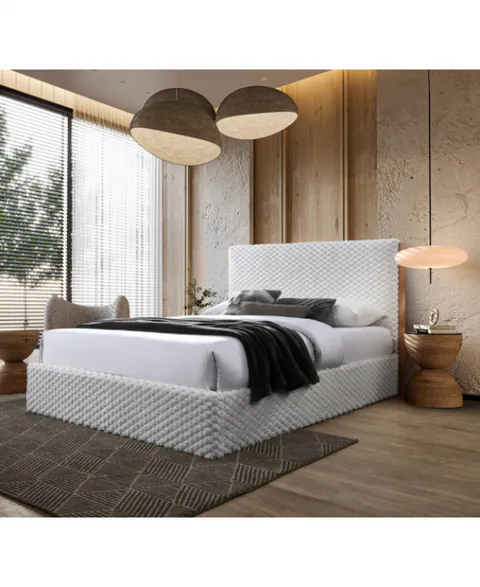 Pat Tapitat Nordic Cu Stofa Bucla Cu Somiera Metalica Rabatabila Si Spatiu De Depozitare Culoare Bej 160x200 cm