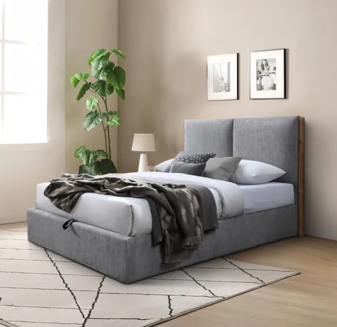 Pat tapitat Nordic cu somiera metalica rabatabila si spatiu de depozitare Gri 160x200 cm