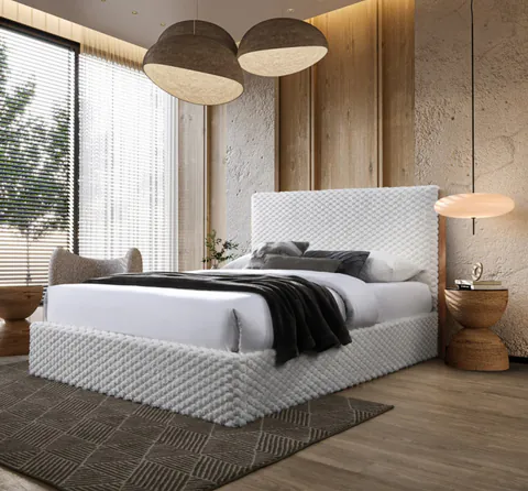 Pat tapitat Nordic Bej cu stofa bucla cu somiera metalica rabatabila si spatiu de depozitare 160x200 cm