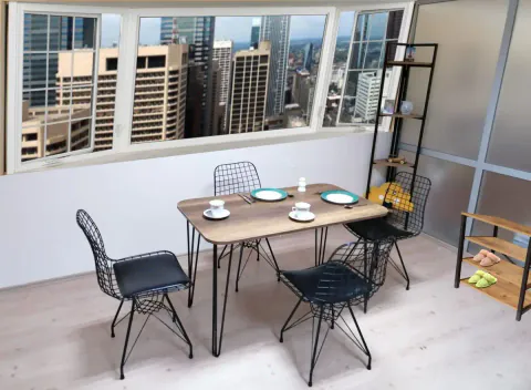 Set masa cu 4 scaune metal, Dream Homs, nuc/negru 70 x 110 cm