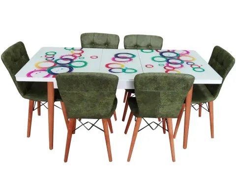 Set masa extensibila picioare lemn, blat sticla securizata multicolor +6 scaune tapitate Fusion Homs verde 80x 170 cm
