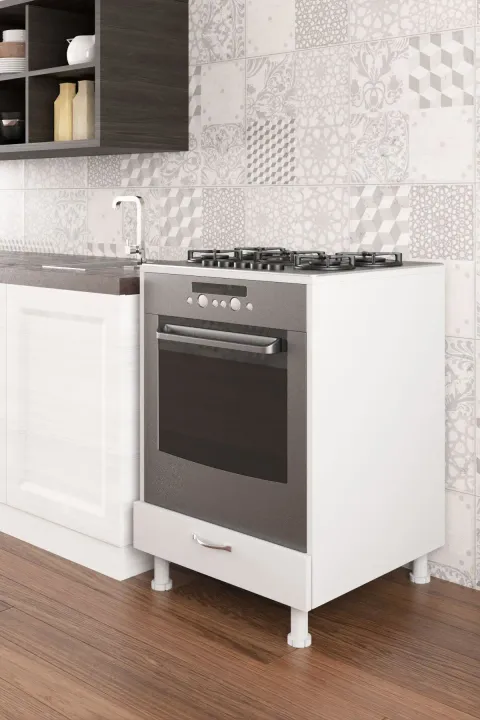 Dulap masca aragaz, cuptor bucatarie cu sertar, Homs, alb, 85 x 60 x 59 cm