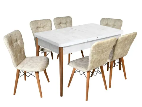 Set masa extensibila cu 6 scaune tapitate Homs cristal alb-bej 170 x 80 cm