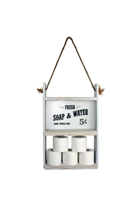 Raft din lemn cu sfoara Farmhouse Homs, 60 x 40 x 13 cm, alb antic