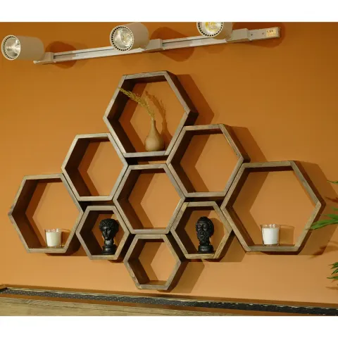 Set 9 rafturi perete Hexa Homs,Seia A620,lemn natur,30325
