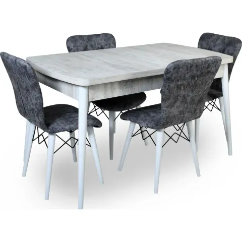 Set masa extensibila cu 4 scaune tapitate Homs cristal bej-gri-picior-alb-170 x 80 cm