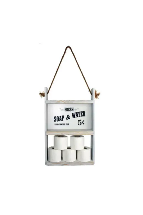 Resigilat:Raft din lemn cu sfoara Farmhouse Homs, 60 x 40 x 13 cm, alb antic