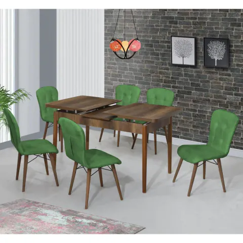 Set masa extensibila cu 6 scaune tapitate Homs cristal nuc-verde 170 x 80 cm