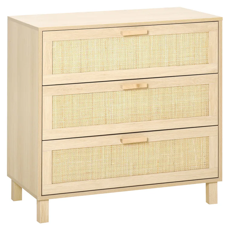 HOMCOM Casetiera cu 3 din lemn si ratan pentru camera de zi si dormitor, 80x40x80cm Culoare Lemn Natural | AOSOM.ro