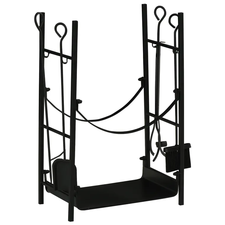 Suport pentru Lemne de Interior si de Exterior din Metal cu Lopata, Matrua, Vatrai si Cleste, Negru, max 70 kg de Lemne Outsunny | Aosom Romania