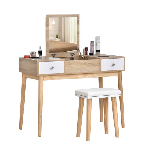 Masa de toaleta cu oglinda glisanta scaun tapitat 2 sertare 5 compartimente de depozitare pentru casa 100x45x118cm Lemn HOMCOM | Aosom RO