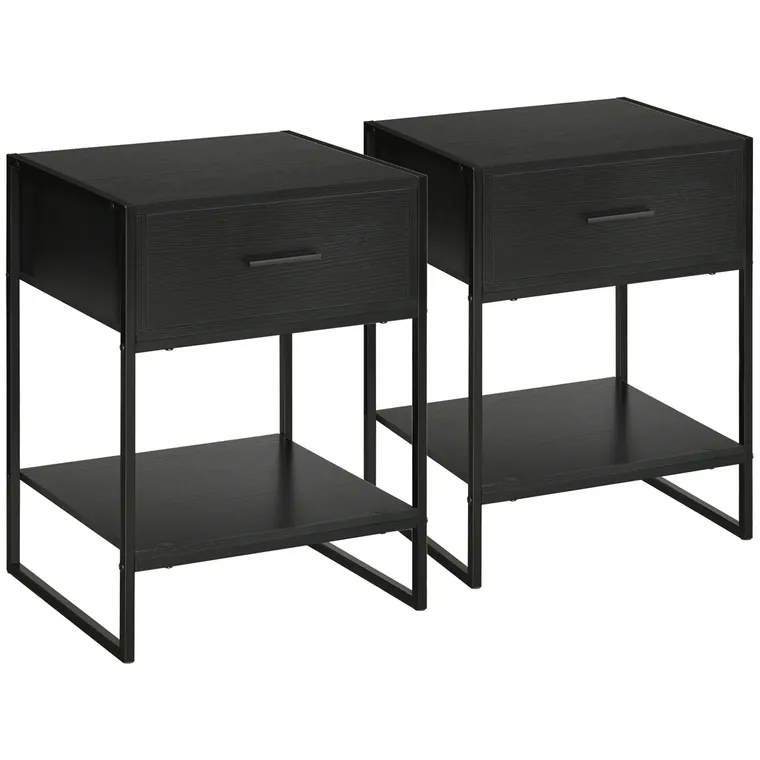 HOMCOM Set din 2 Noptiere Moderne, Noptieră cu Raft și Sertar, Organizatoare de Depozitare pentru Dormitor, Camera de Zi, 45x40x60 cm, Negru | Aosom Romania
