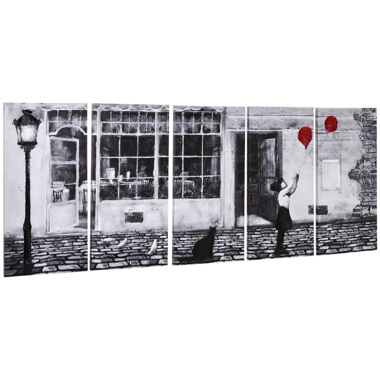 HOMCOM Ansamblu Artistic pe Pânză, 5 Tablouri Decorative cu Fată și Balon Roșu, Alb-Negru, Design Modern pentru Dormitor și Sufragerie, Cadou Ideal | Aosom Romania