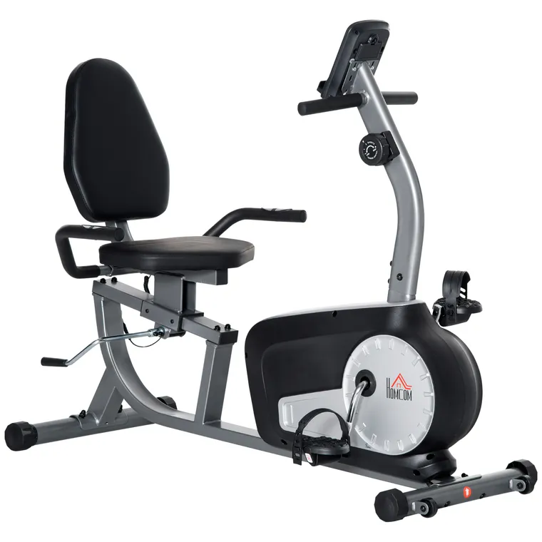 HOMCOM Bicicletă de Exerciții Înclinată Orizontală cu 8 Nivele de Rezistență, Monitor LCD și Scaun Reglabil, 122-137x62x103 cm, Gri | Aosom Romania