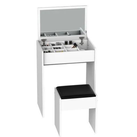 Masa de Machiaj cu Scaun si Container pentru depozitare si Oglinda Pliabila Alba 60,2x40,2x79cm HOMCOM | Aosom Romania