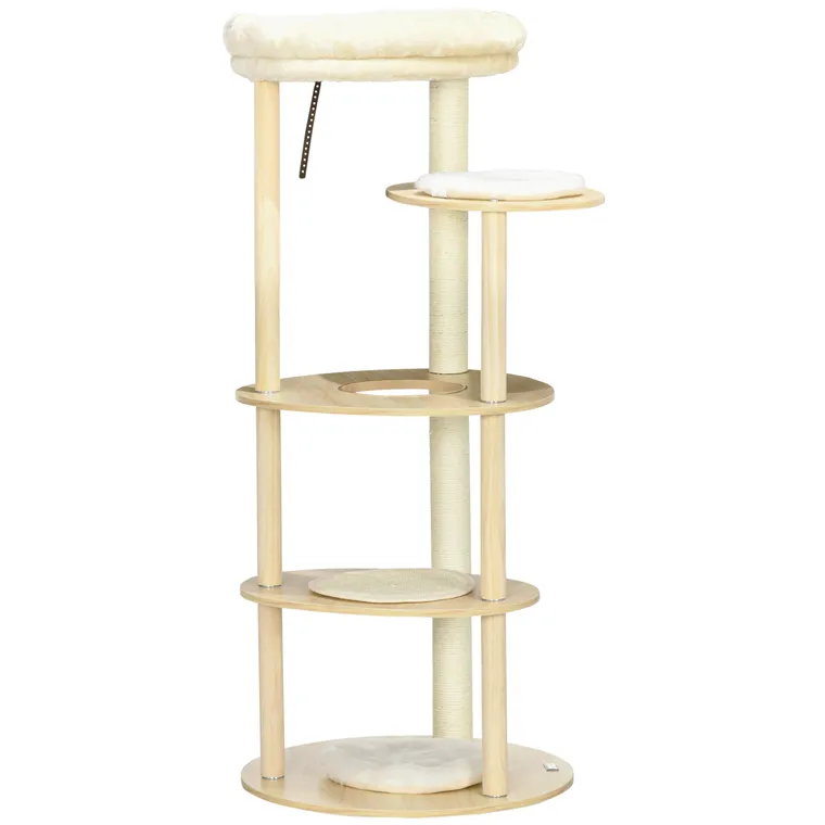 PawHut Ansamblu Multifuncțional pentru Pisici din PAL și Lemn cu Stâlp de Zgâriat din Sisal, Pat de Pluș, Ø54x123.5 cm, Stejar | Aosom Romania
