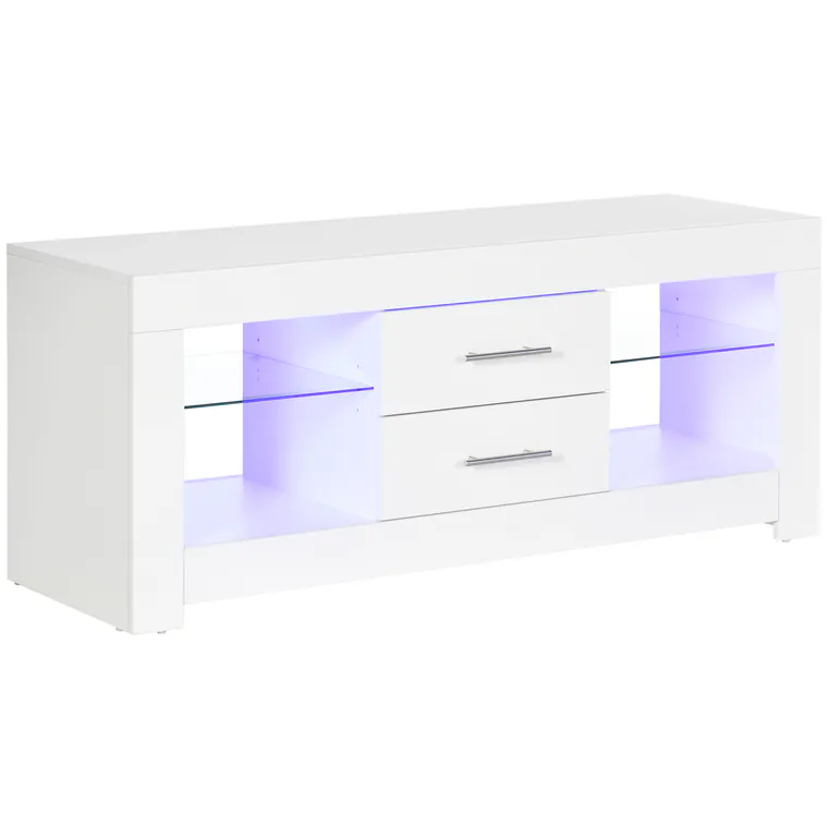 HOMCOM Comodă TV Modernă 55" cu LED RGB (12 Culori), Telecomandă Inclusă, Lemn cu Etajere din Sticlă, Dimensiune 120x40x50cm, Alb | Aosom Romania