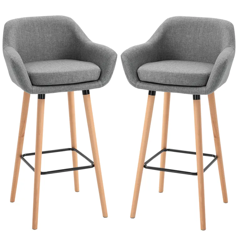 HOMCOM Scaun bar gri cu Pernă Confortabilă Lemn și Înveliș din Țesătură, Set 2 Scaune de Bar Moderne,55x48x100 cm | Aosom Romania
