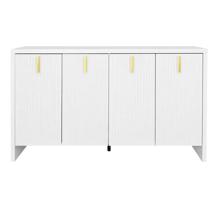 Comodă Modernă Minimalistă cu Mânere Aurii și Rafturi Reglabile, 140x38x80 cm - Perfectă pentru Bucătărie și Living, Albă