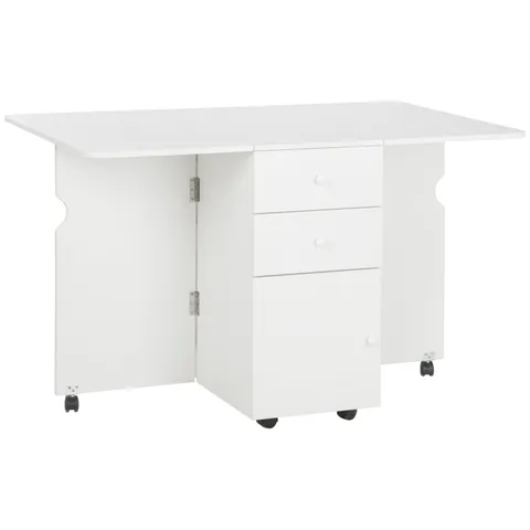 HOMCOM Masa de Bucatarie pliabila cu 2 Sertare si Dulapior cu Usi, Masa Plianta cu 6 Roti din PAL, 120x80x75 cm, Alb