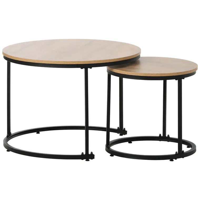 Set de 2 Măsuțe de Cafea Rotunde, Măsuțe Suprapozabile din MDF cu Structură din Metal, Design Economisire Spațiu, Masă Mare: 50 x 70,5 cm, Masă Mică: 45,5 x 44 cm, Naturale