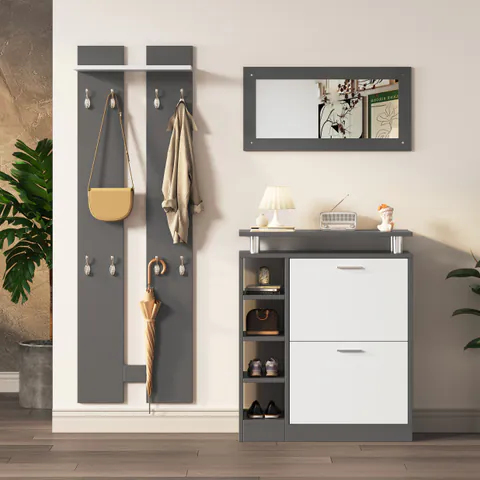 Cuier de perete pentru hol cu oglindă, Gri+Alb | Aosom Romania