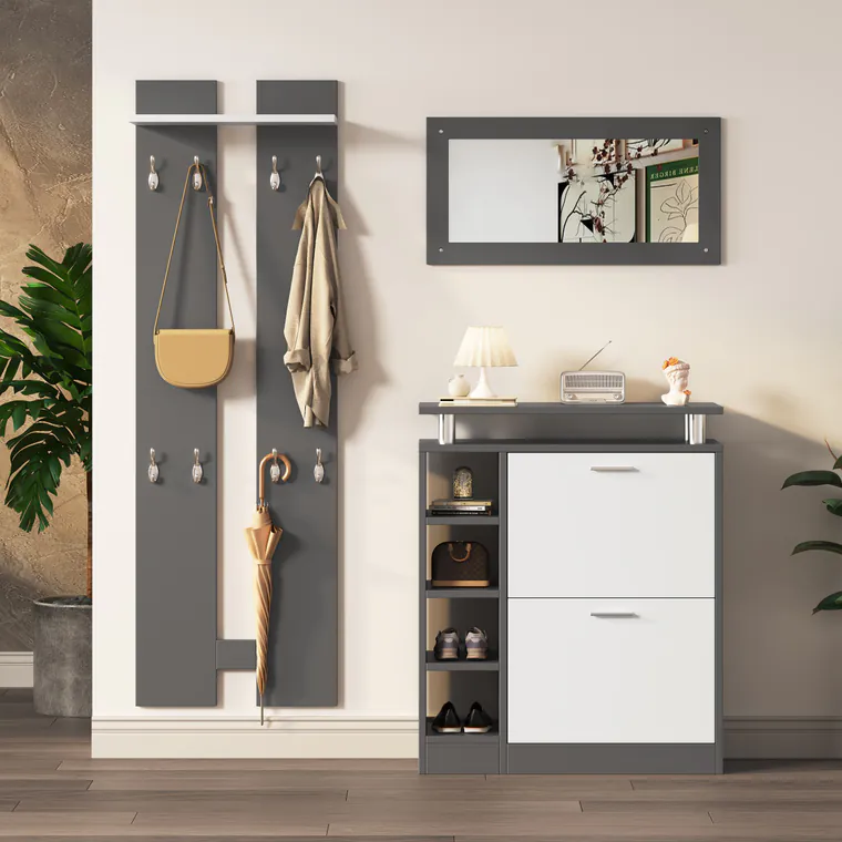 Cuier de perete pentru hol cu oglindă, Gri+Alb | Aosom Romania