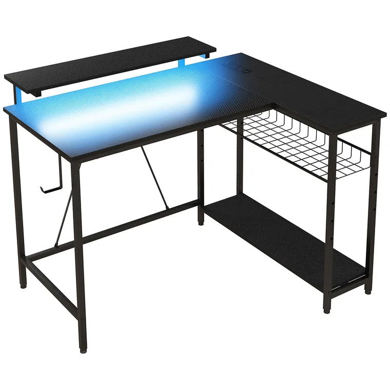 HOMCOM Birou de Gaming în Formă de L cu Lumini LED, Birou de Colț Reversibil cu Rafturi de Depozitare, 107x80x90 cm, Negru | Aosom Romania