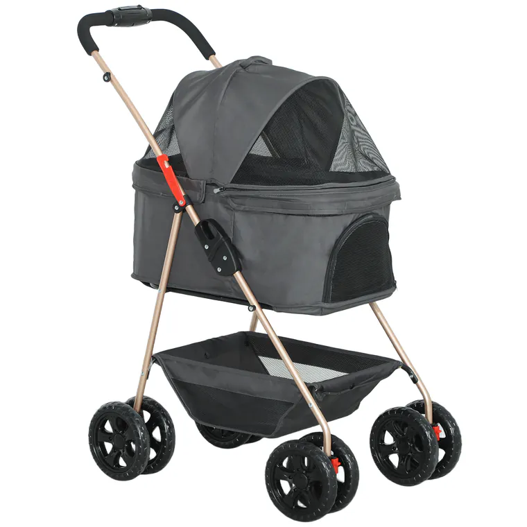 PawHut Cărucior pentru Animale de Companie 3 în 1 cu 4 Roți și Geantă de Transport Detașabilă, 76x50x102 cm, Gri | Aosom Romania