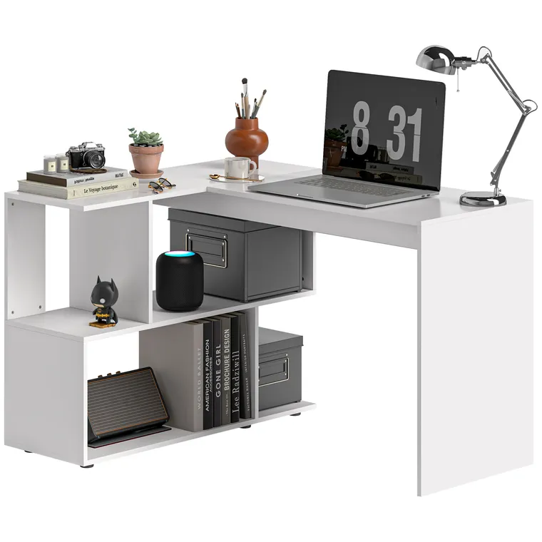 HOMCOM Birou în Formă de L cu 4 Compartimente de Depozitare, 120x100x77 cm, Alb Lucios | Aosom Romania