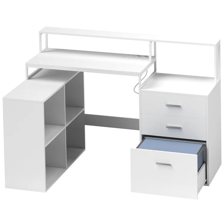 HOMCOM Birou în Formă de L cu Prize de Curent, Sertar și Suport pentru Monitor, 138,5x90x92 cm, Alb | Aosom Romania