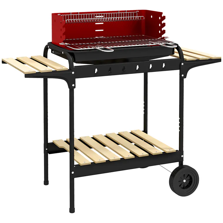 Outsunny Grătar cu Cărbuni, Roți si Grilaj cu Înălțime Reglabilă, 3 Rafturi și Tavă pentru Cenușă, 103x47x95 cm, Roșu | Aosom Romania
