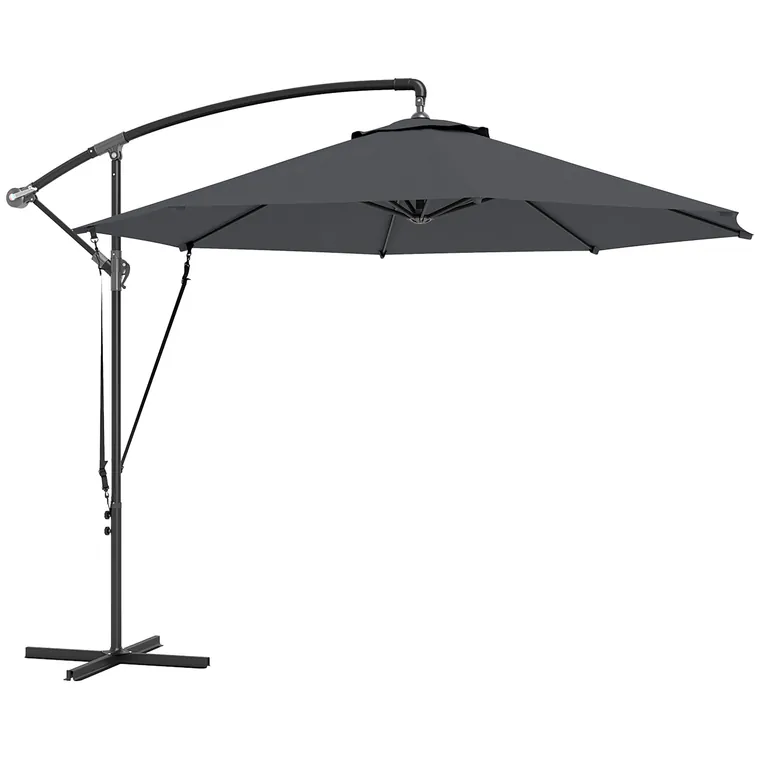 Outsunny Umbrelă de Soare cu Corzi Anti-Vânt, Orificii de Aerisire, Bază în Cruce și Manivelă, Φ290x243 cm, Gri | Aosom Romania