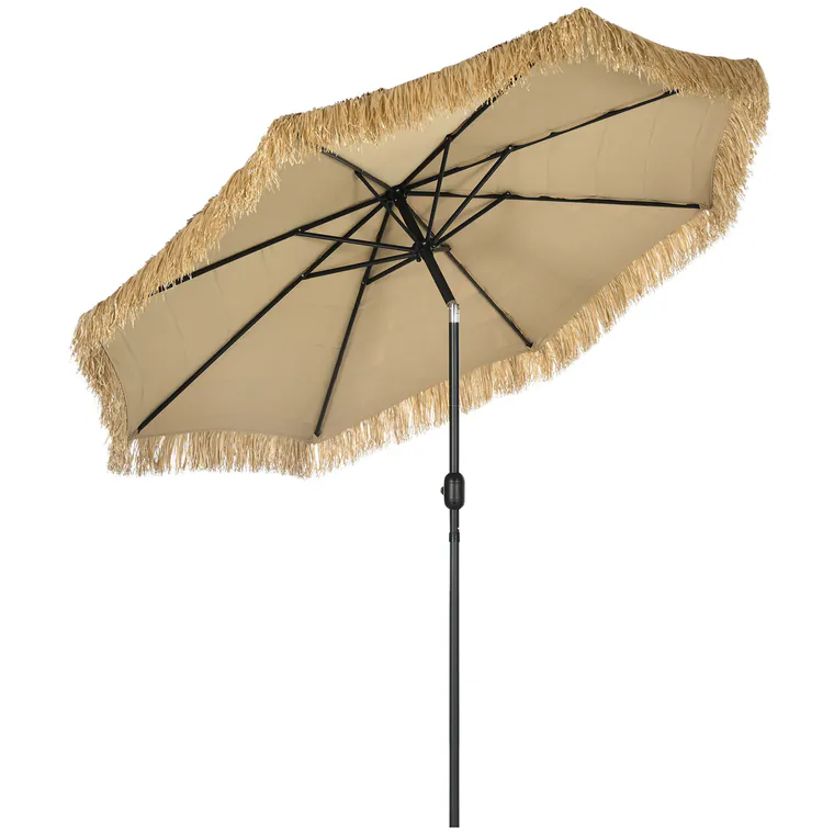 Outsunny Umbrelă de Grădină Stil Hawai cu Paie, Rotundă cu Manivelă, Ø265x250cm, Kaki | Aosom Romania
