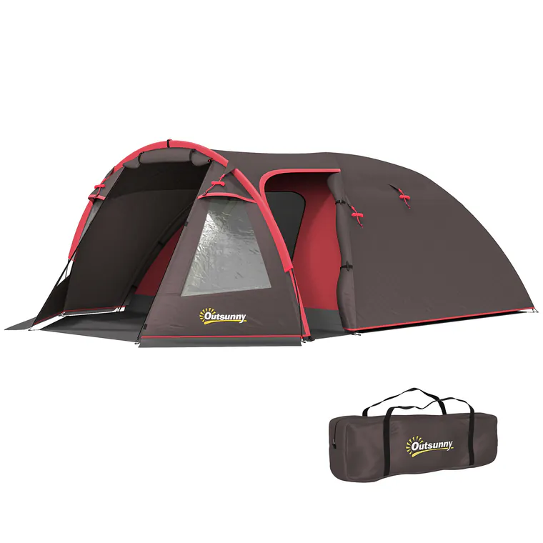 Outsunny Cort de Camping pentru 2-4 Persoane cu 2 Camere, Uși Duble și Geantă de Transport, 360x250x130 cm, Gri | Aosom Romania