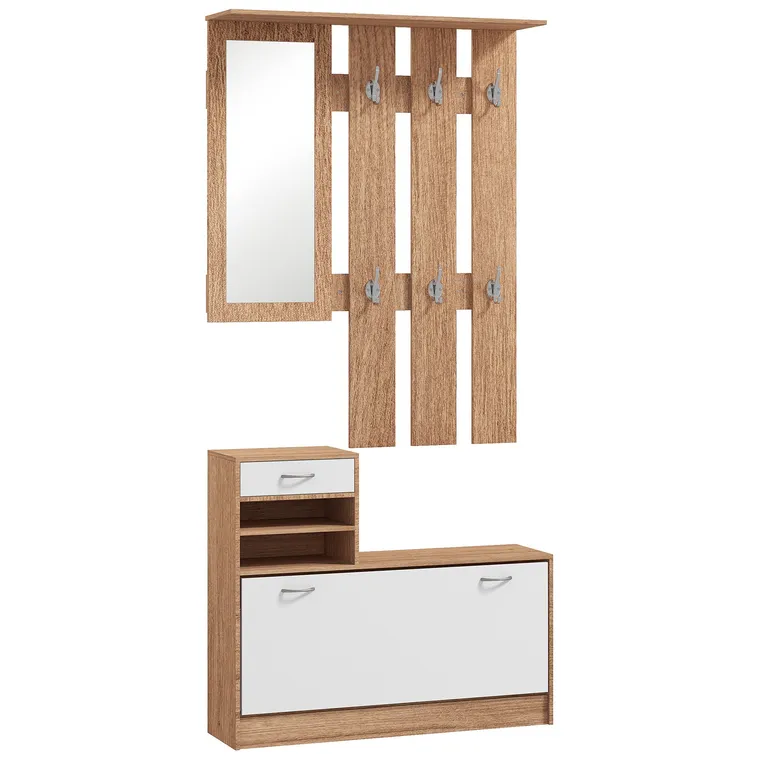 HOMCOM Set Mobilier Modern cu Etajeră pentru Pantofi, Oglindă cu 6 Cârlige, 2 Rafturi și Sertare, 90x24x177 cm, Lemn Natural | Aosom Romania